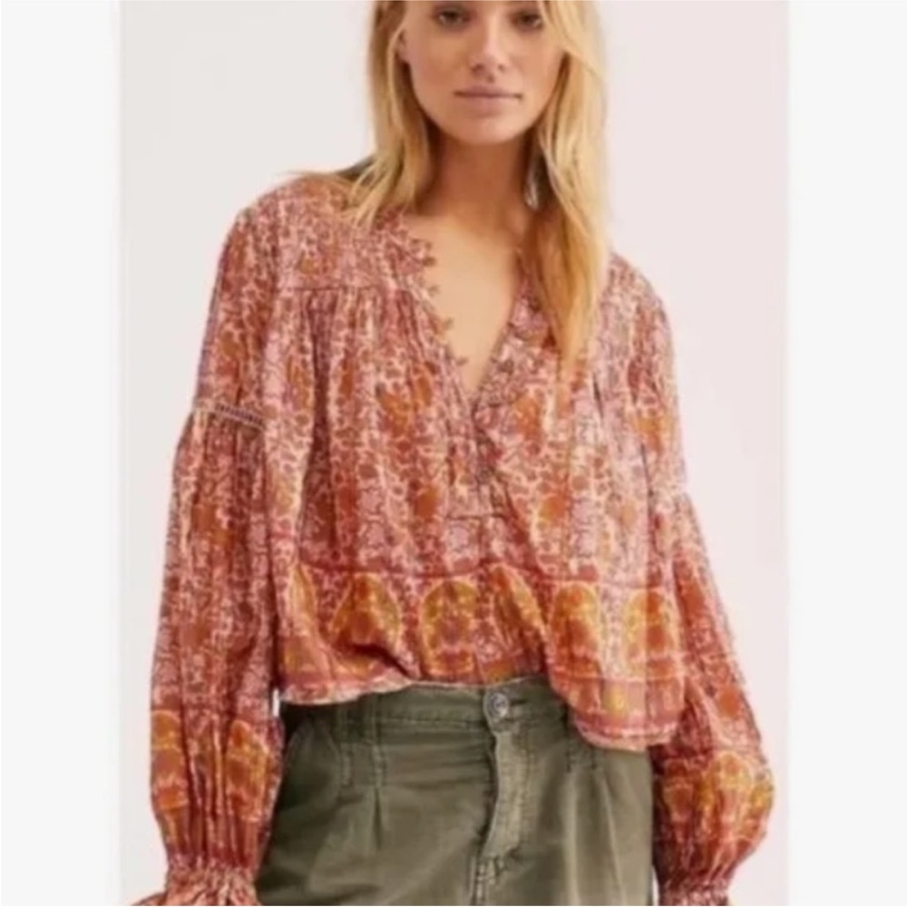 Free People Floral Blouse in Pink and Yellow - Picture 3 of 6
